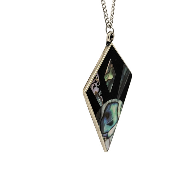 Vintage Silver Inlaid Mother of Pearl and Jet Art Deco Design Pendant 18" Chain - Picture 4 of 6